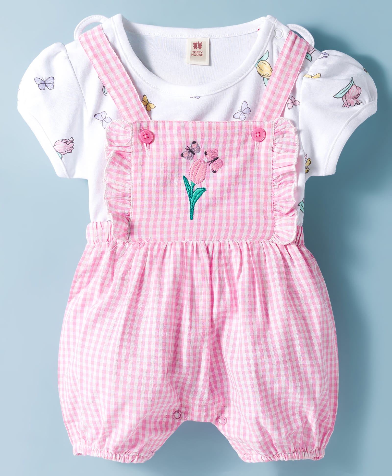 ToffyHouse Cotton Woven Checkered Dungaree & Half Sleeves Inner Tee with Floral Print & Embroidery - Pink & White-picture-16