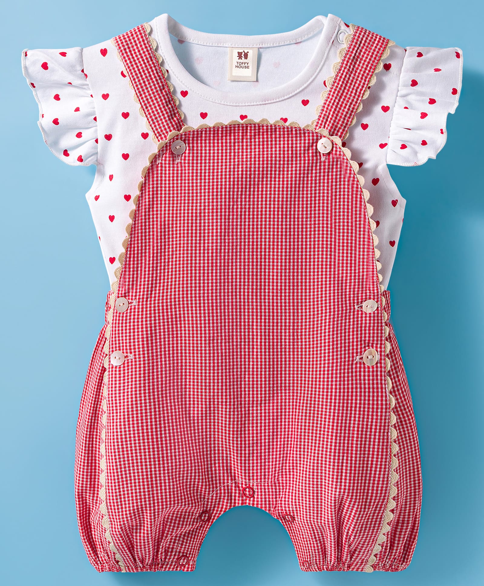 ToffyHouse Cotton Woven Checkered Dungaree & Frill Sleeves Inner Tee with Hearts Print - Red & White-picture-28
