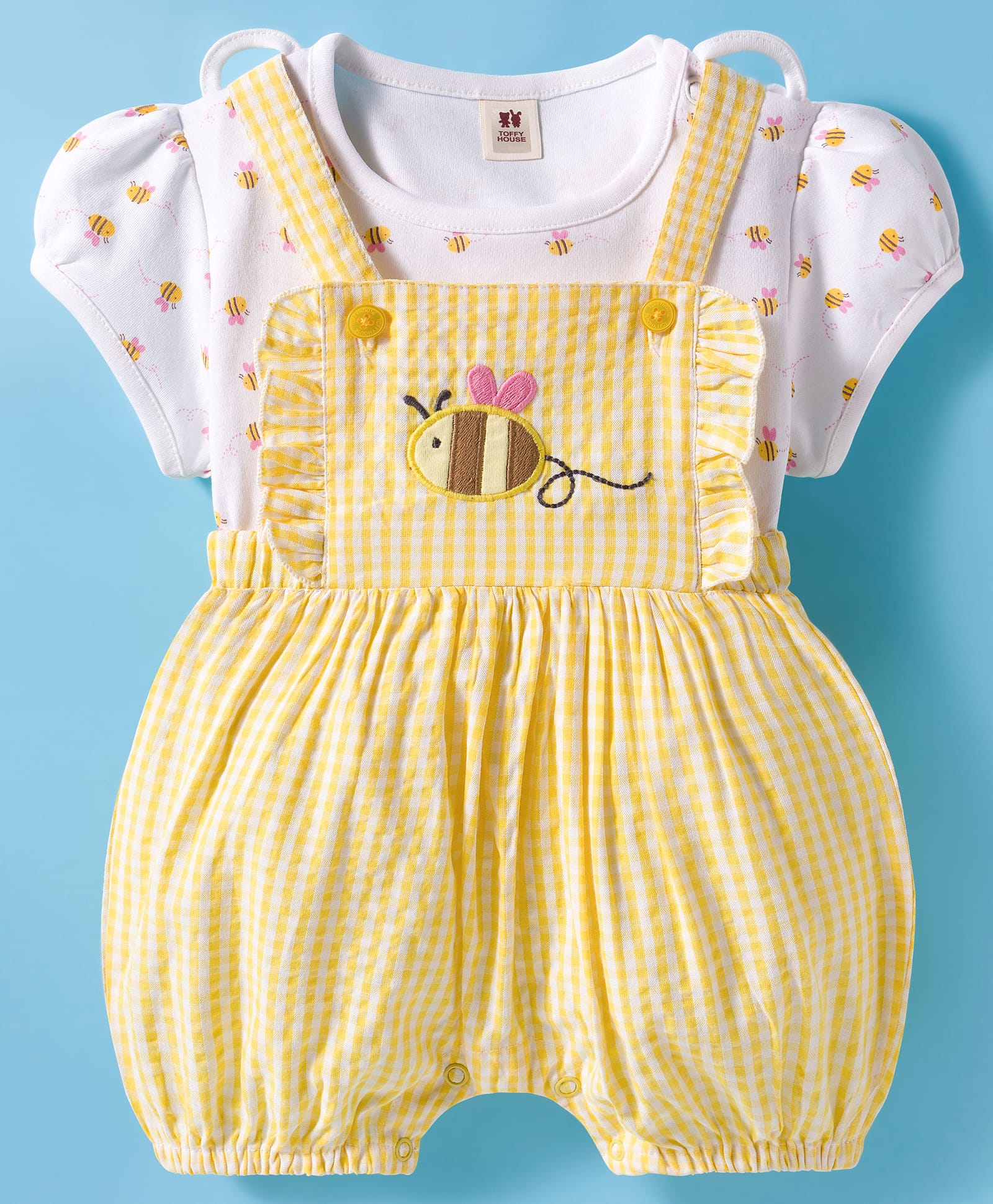 ToffyHouse Cotton Woven Checkered Dungaree with Half Puffed Sleeves Top with Bee Print & Embroidery - Yellow & White-picture-22