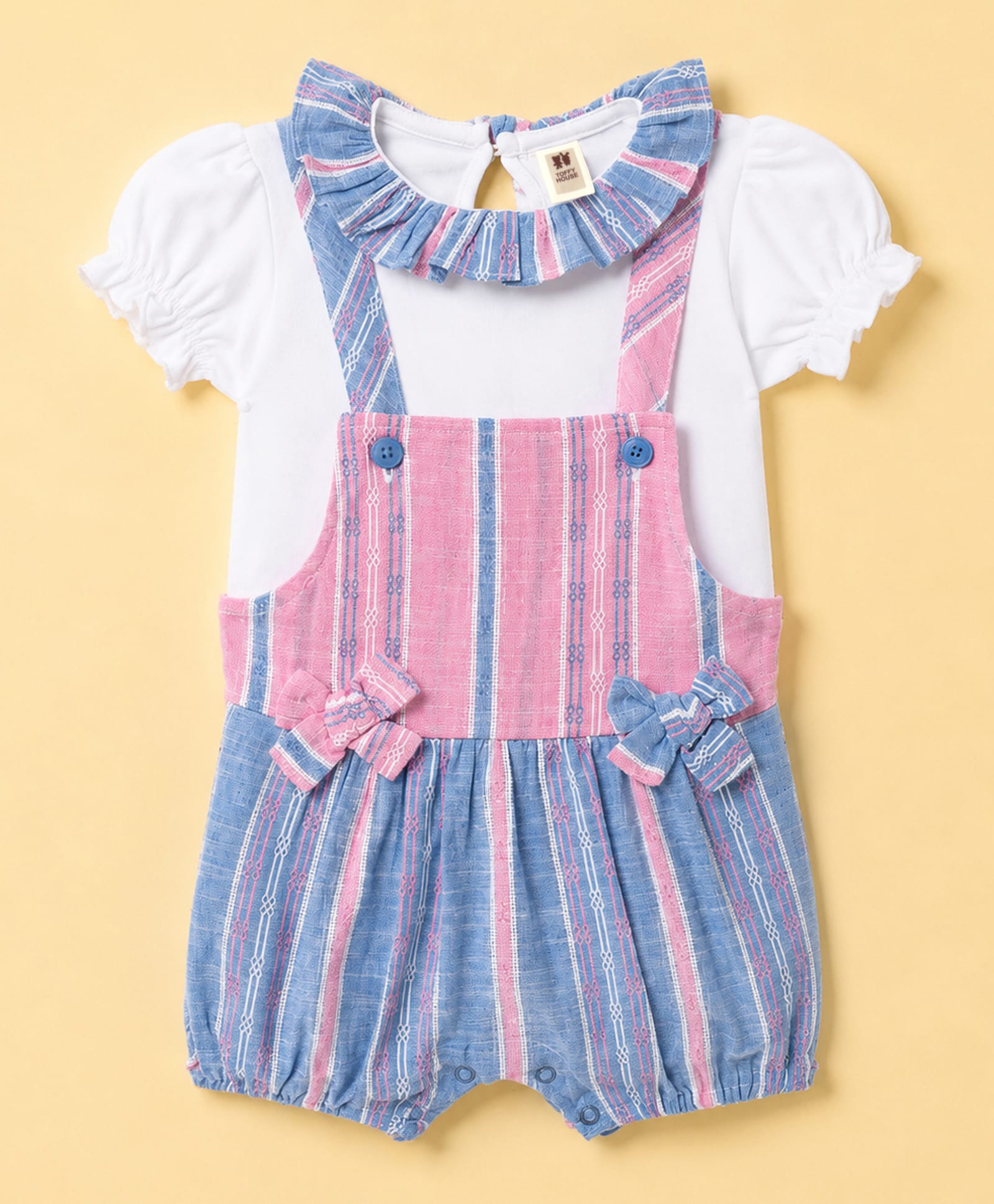 ToffyHouse Cotton Knit Half Sleeves Dungaree & T-Shirt with Stripes - Light Blue-image-46