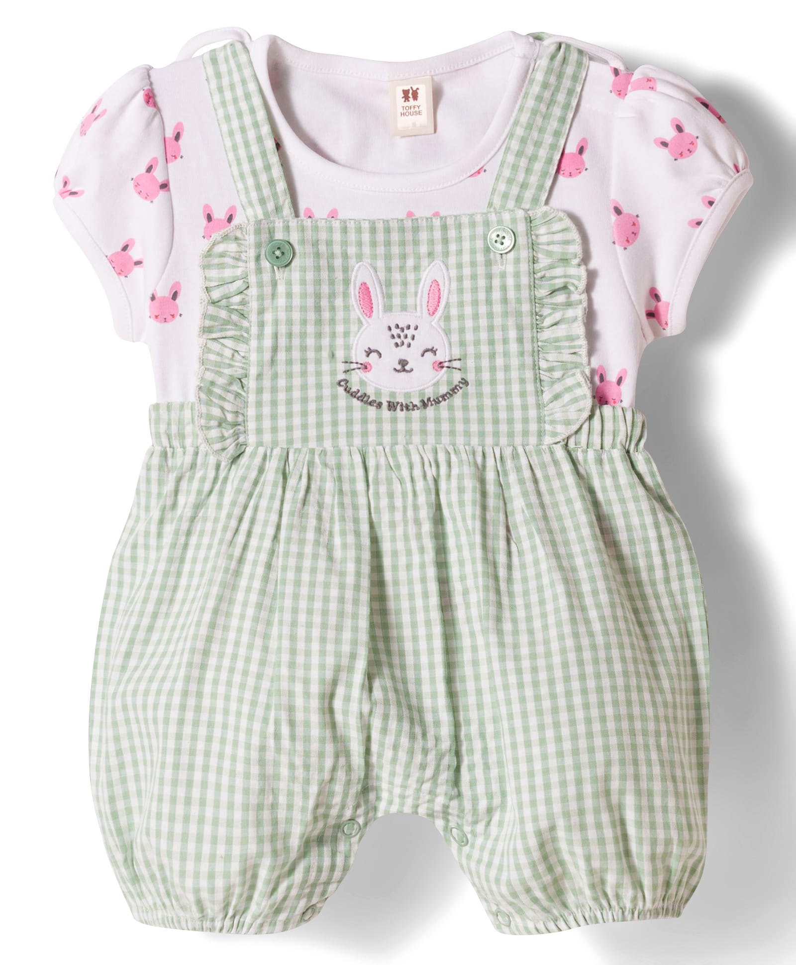 ToffyHouse Cotton Knit Half Sleeves Dungaree & T-Shirt with Bunny Print & Patch - Sea Green-image-44