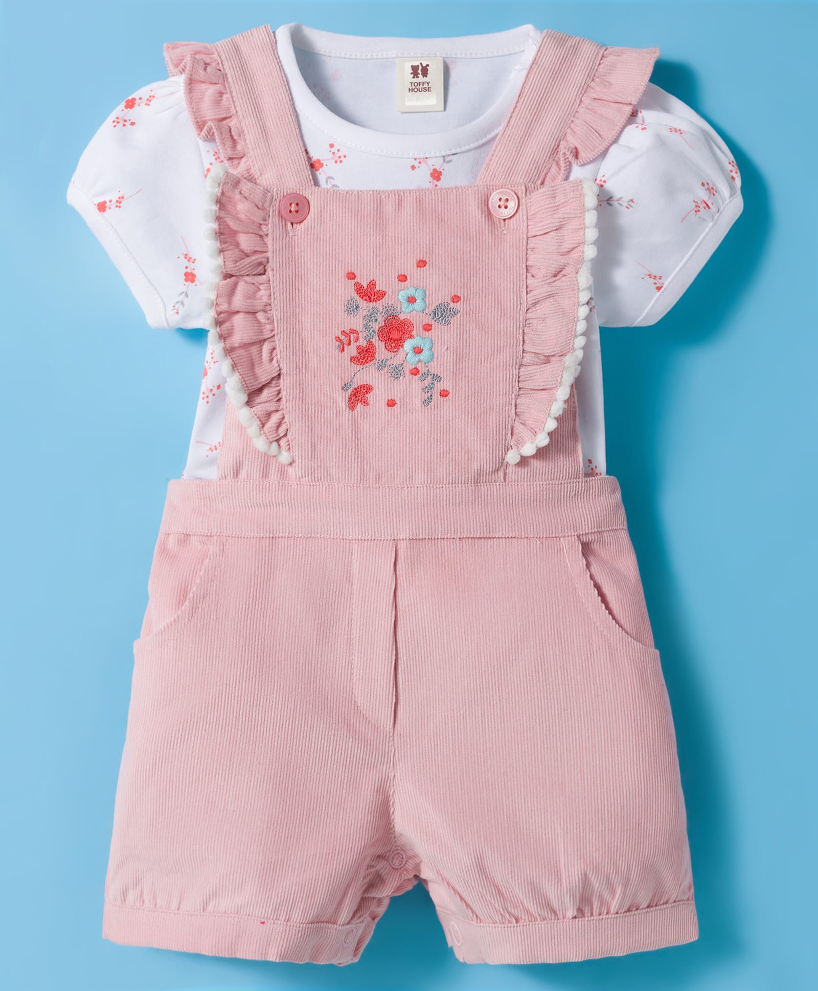 Toffyhouse Cotton Woven Half Puff Sleeves T-Shirt & Dungaree Set With Floral Embroidery & Frill Detailing - Light Peach-picture-25