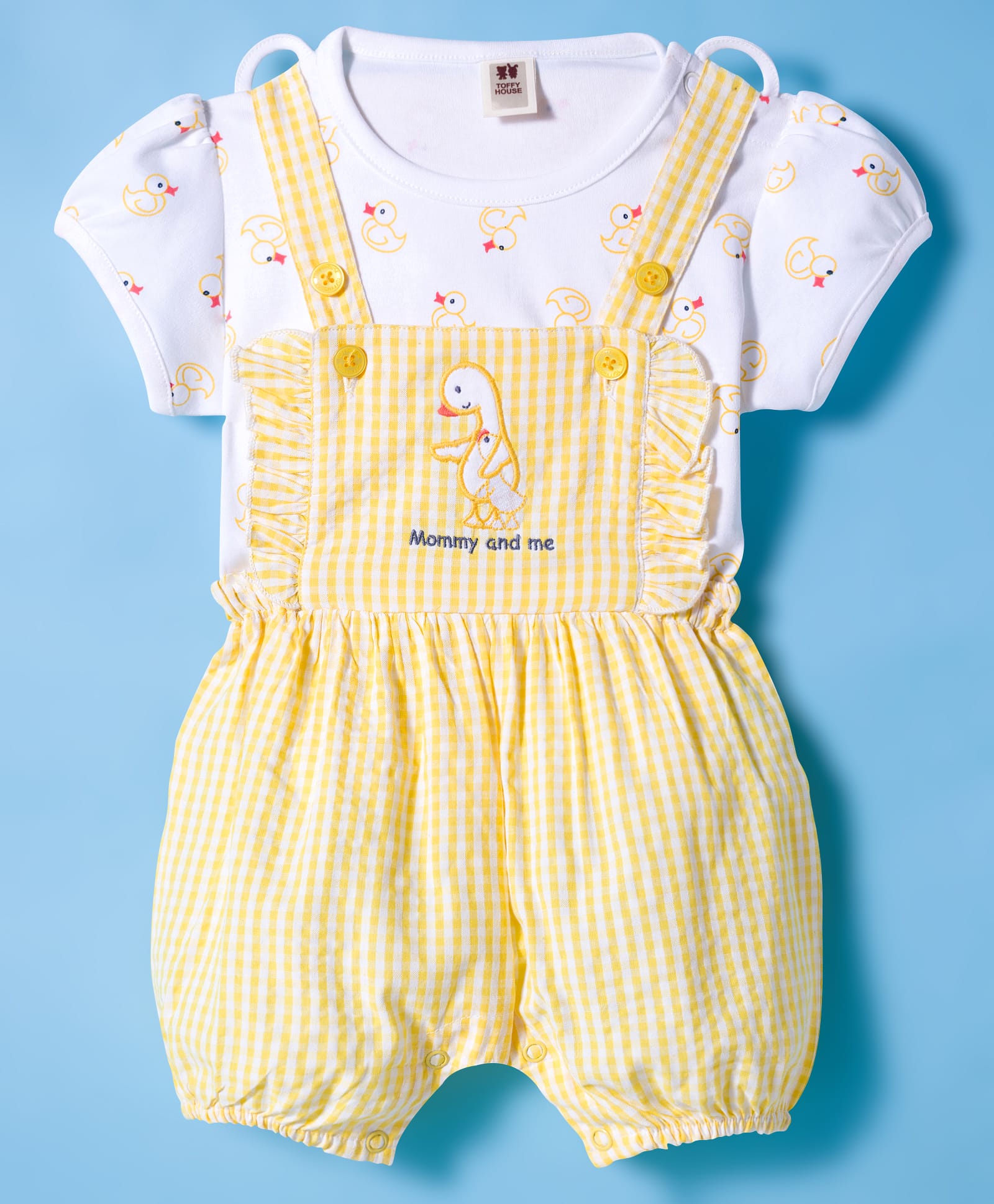ToffyHouse Interlock Knit Checkered Dungaree with Half Sleeves T-Shirt with Bird Print & Embroidery - Yellow & White-image-13