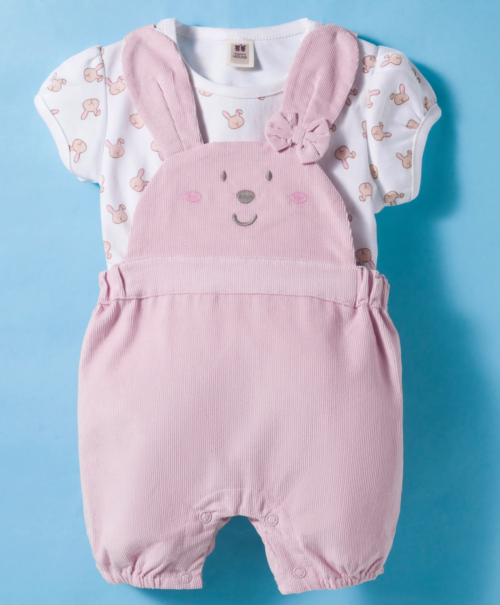 ToffyHouse Cotton Knit Half Puff Sleeves T-Shirt & Dungarees With Bunny Print & Applique - Pink-image-3