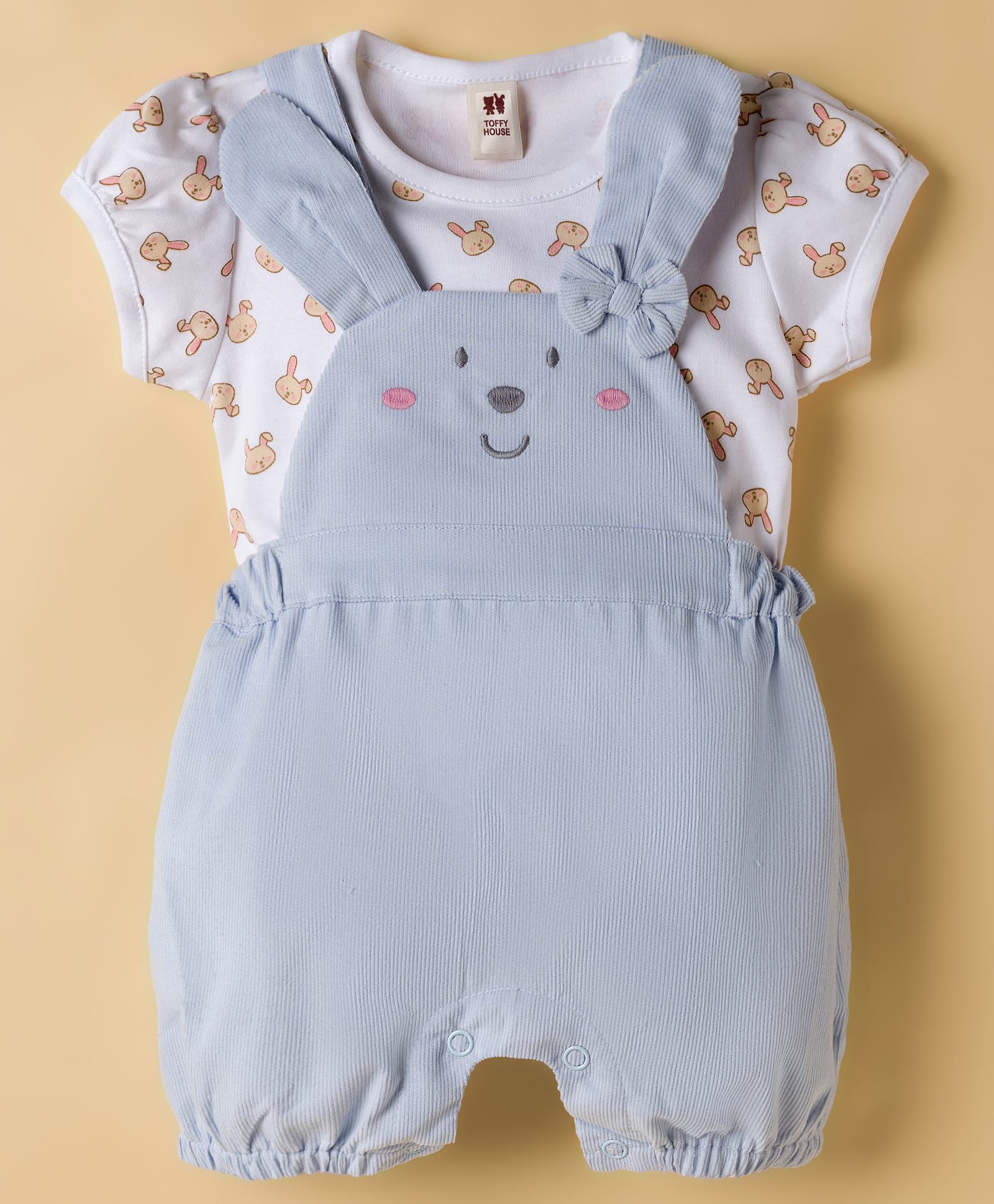 ToffyHouse Interlock Knit Half Puffed Sleeves T-Shirt & Dungaree Set with Bunny Print & Bow Applique - Light Blue & White-image-15