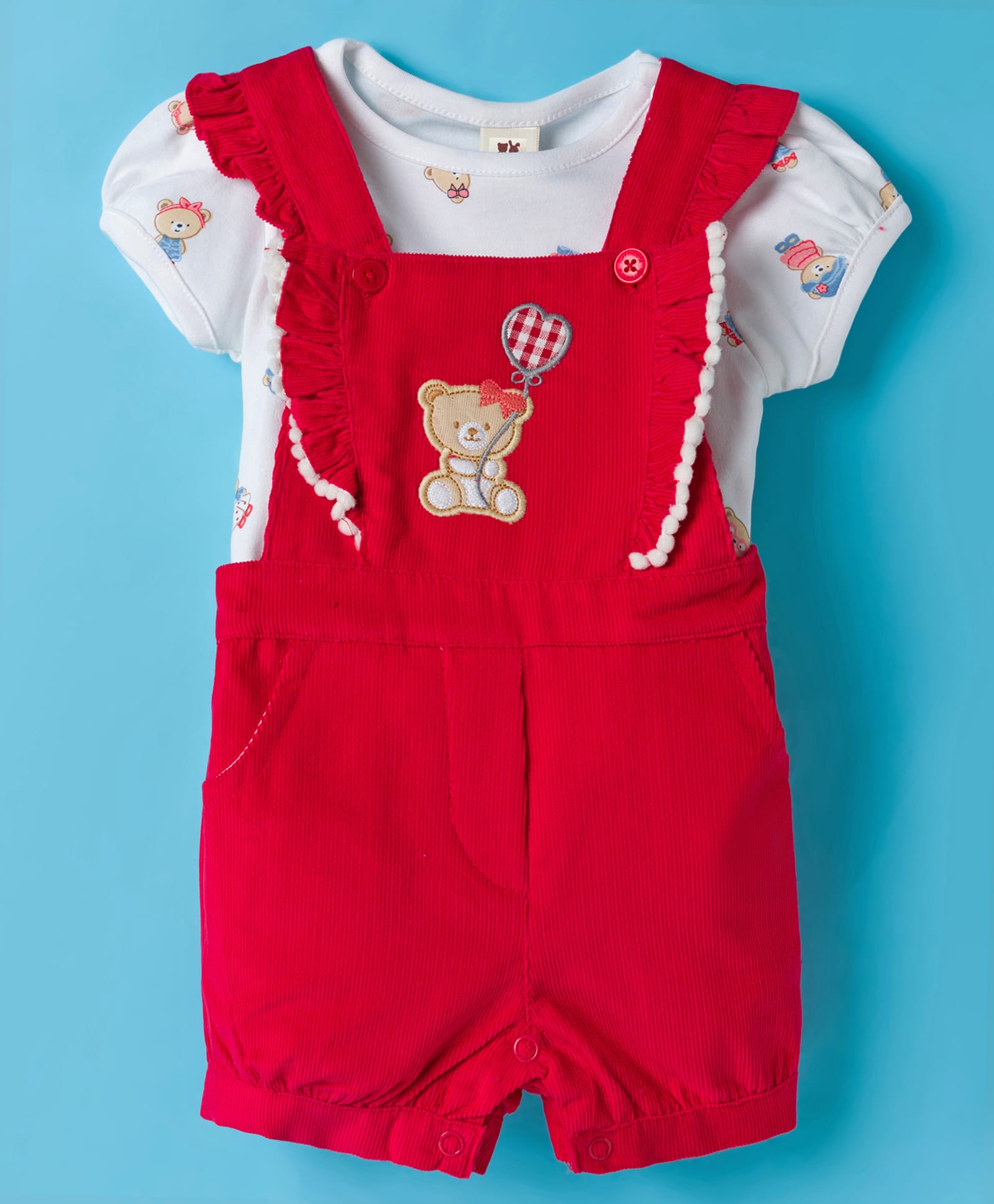 ToffyHouse Cotton Knit Half Sleeves T-Shirt & Dungaree with Teddy Patch and Print - Red & White-picture-11