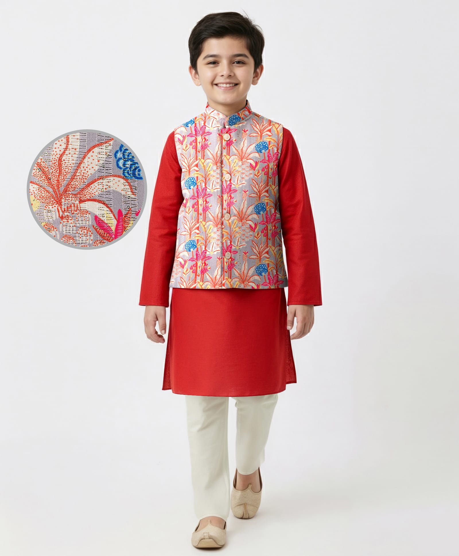 EARTHY TOUCH Cotton Woven Full Sleeves Kurta Pyjama Set With Floral Printed Nehru Jacket - Red & Grey-image-43