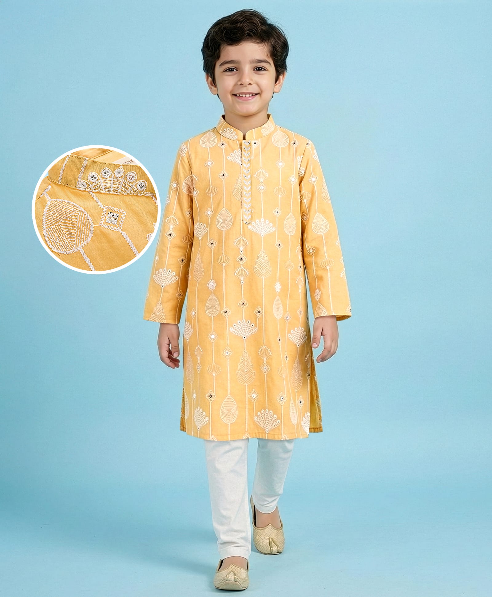 EARTHY TOUCH Muslin Woven Kurta Pajama Set With Floral Embroidery - Yellow-picture-18