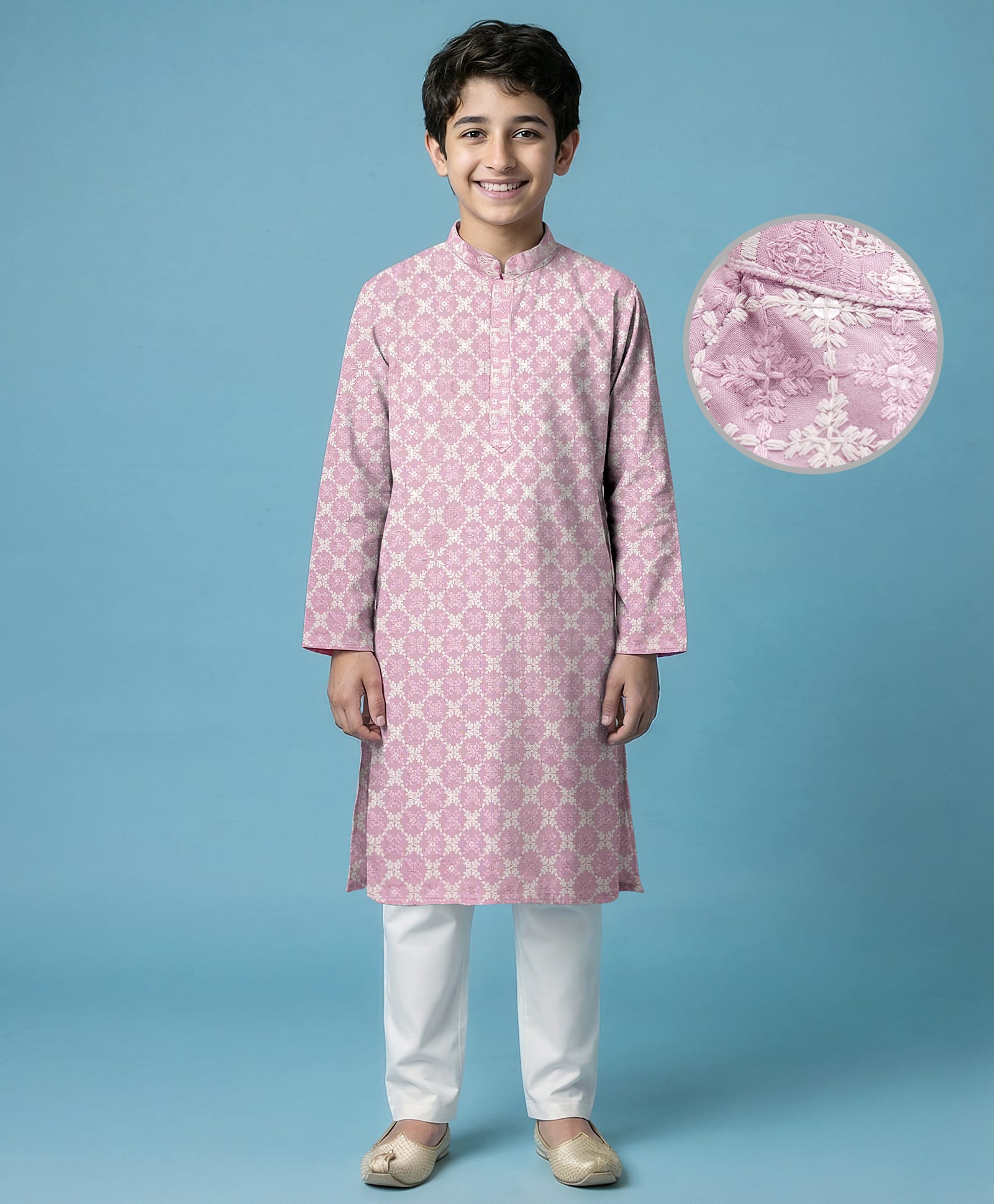 EARTHY TOUCH Woven Full Sleeves Embroidered Kurta Pajama Set - Lavender