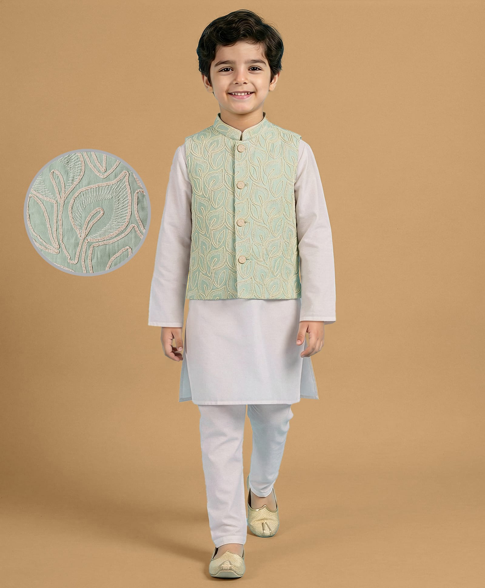 EARTHY TOUCH Cotton Woven Full Sleeves Kurta Pajama & Embroidered Jacket Set - Green-image-14