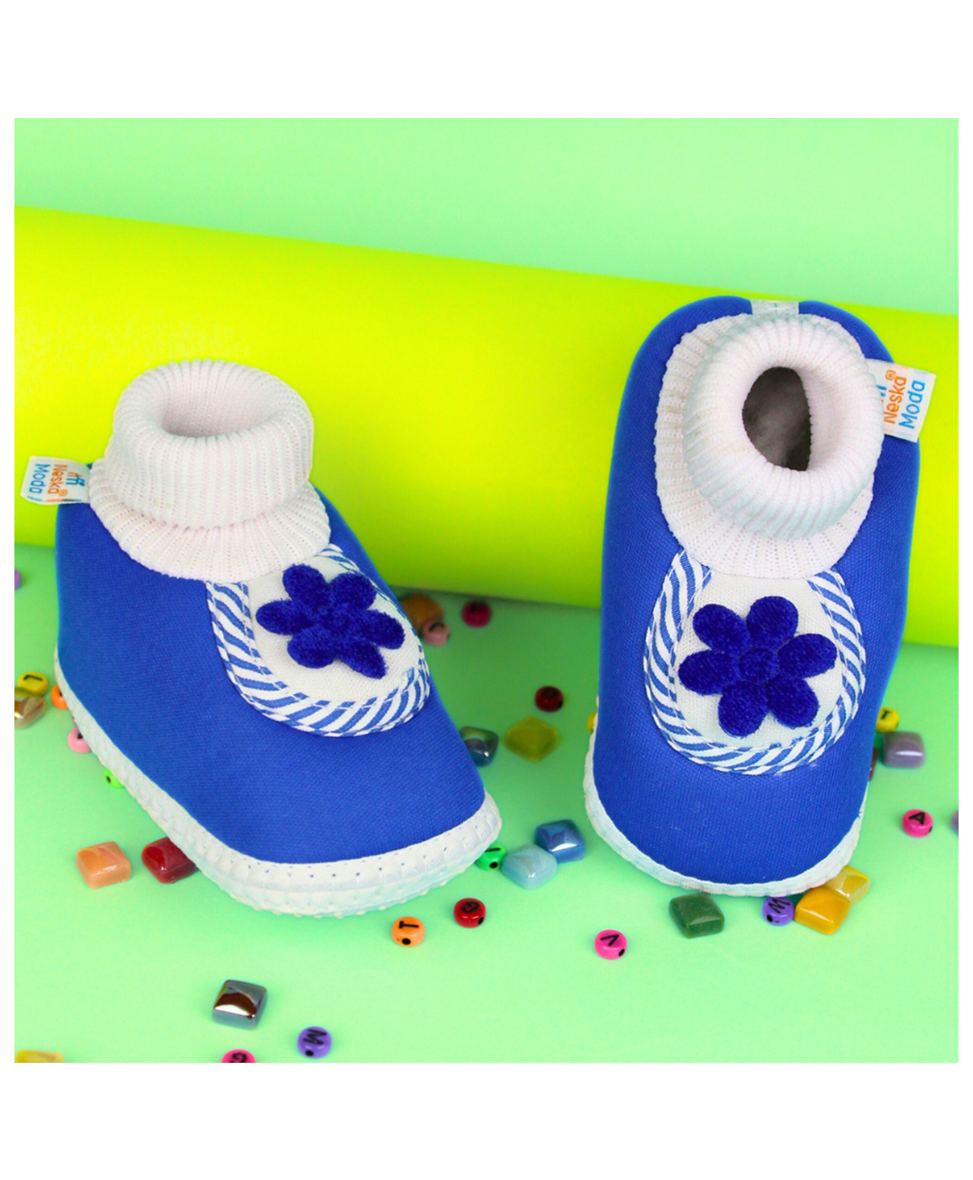 Neska Moda Floral Applique Detailed Slip On Booties - Blue-image-35
