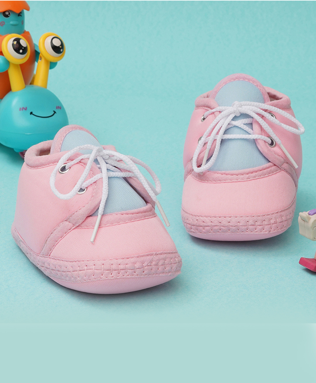 Neska Moda Colour Blocked Lace Up Booties - Baby Pink & Blue-picture-19