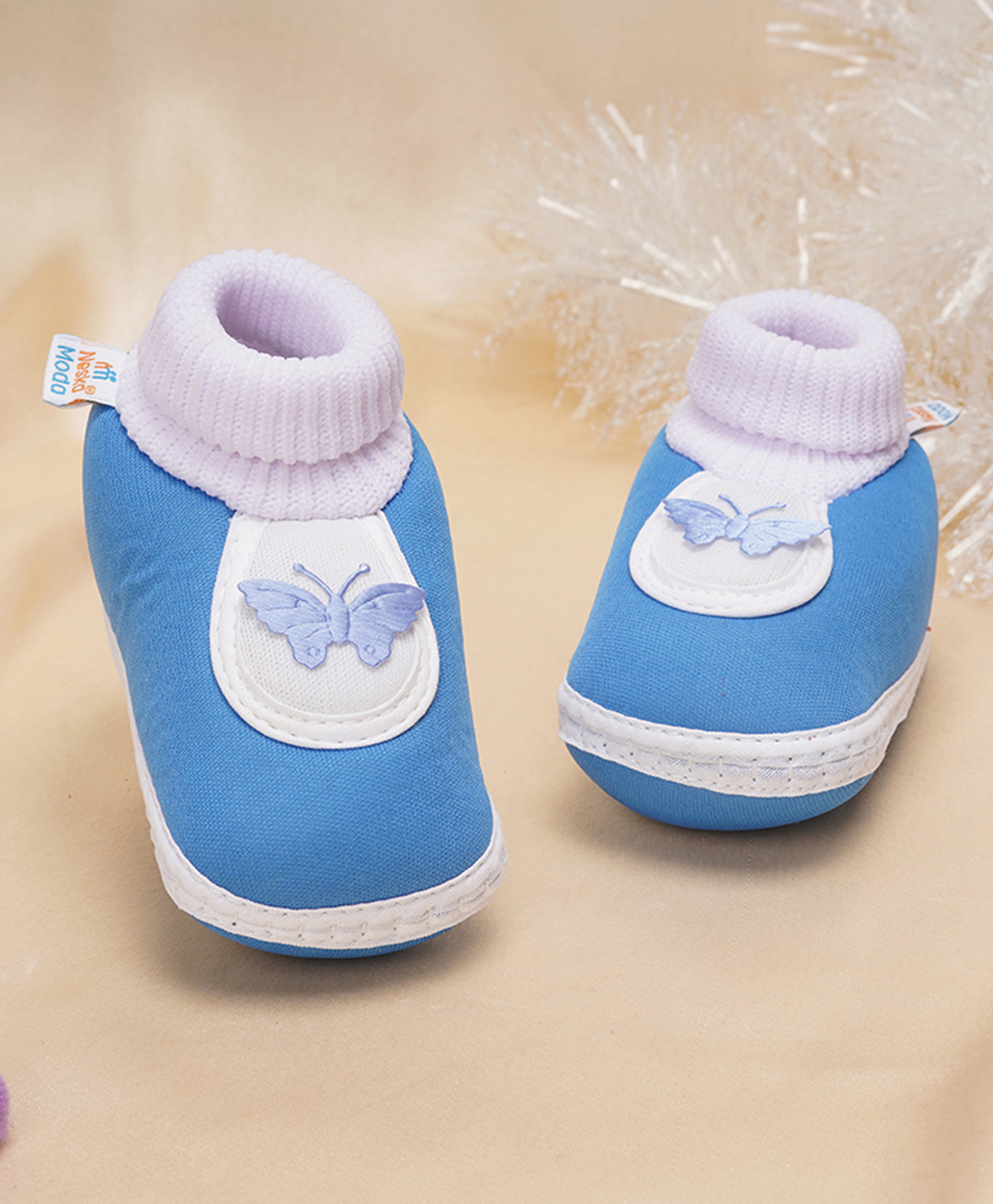 Neska Moda Butterfly Patch Detailed Slip On Booties - Sky Blue & White-image-34