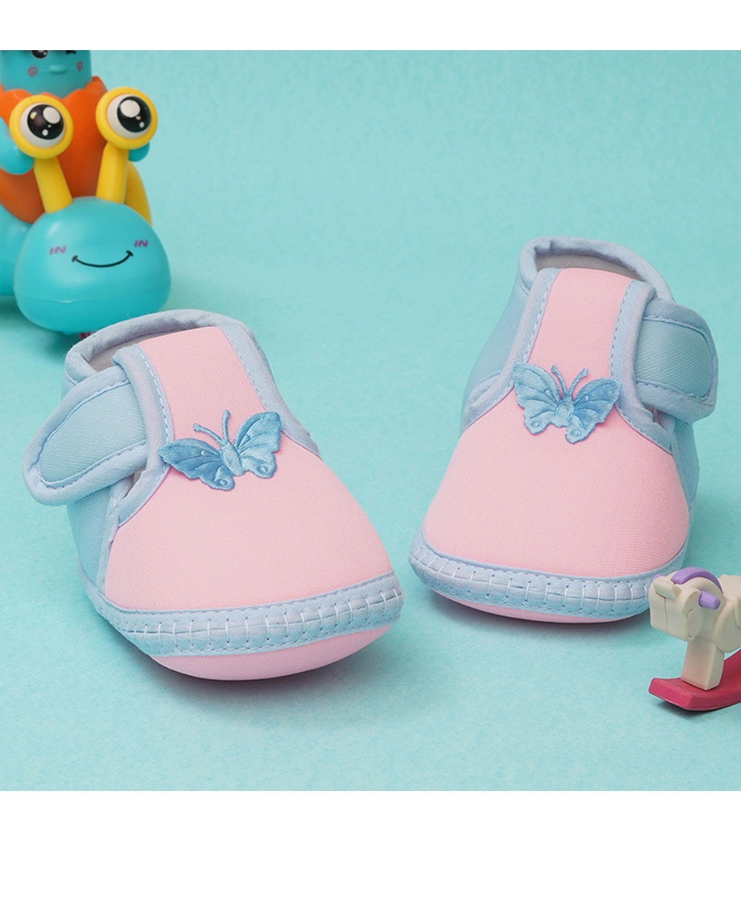 Neska Moda Butterfly Patch Detailed Velcro Closure Booties - Baby Pink & Blue-image-44