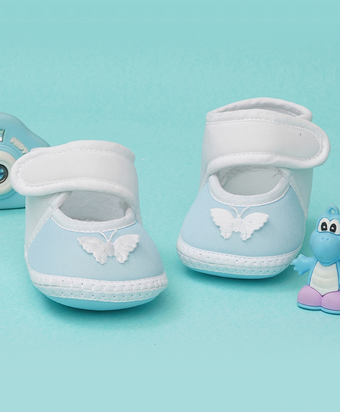Neska Moda Butterfly Patch Detailed Velcro Closure Booties - White & Blue-image-45
