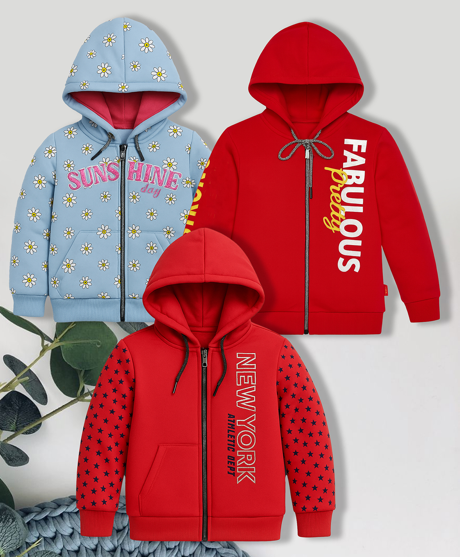3PIN Cotton Knit Pack Of 3 Full Sleeves Floral & Typography Printed Light Winter Hooded Sweatjackets - Multi Colour-picture-11