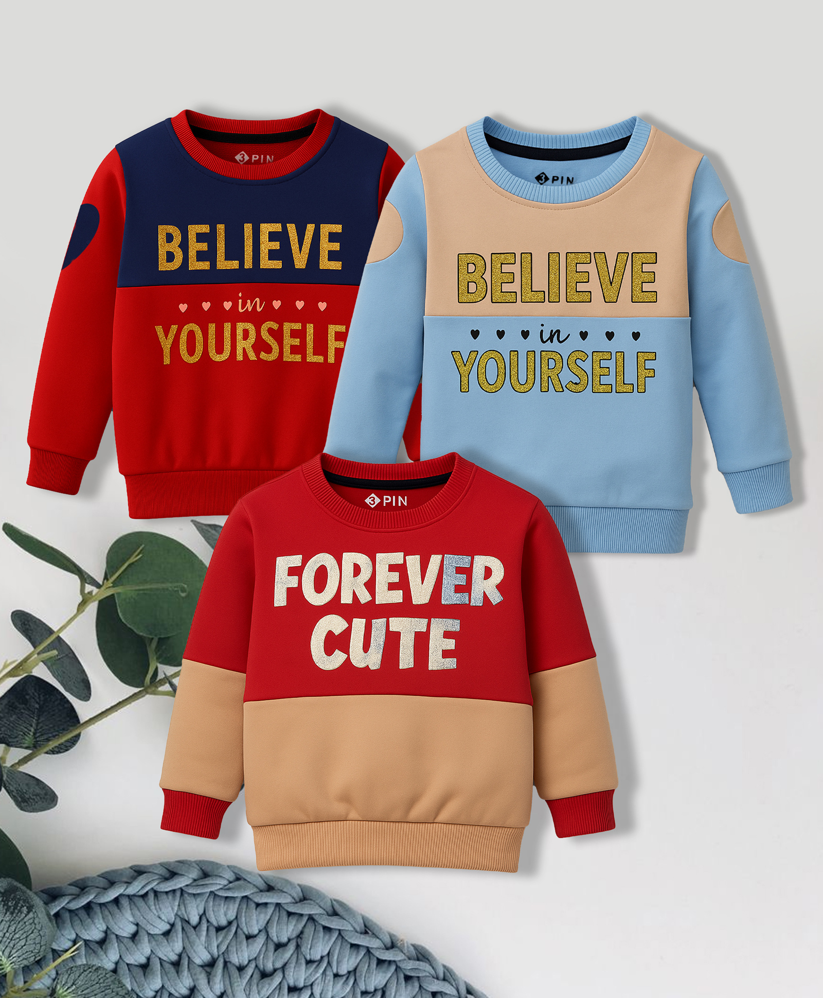 3PIN Knit Pack Of 3 Full Sleeves Typography Printed Light Winter Sweatshirts - Multi Colour-image-39