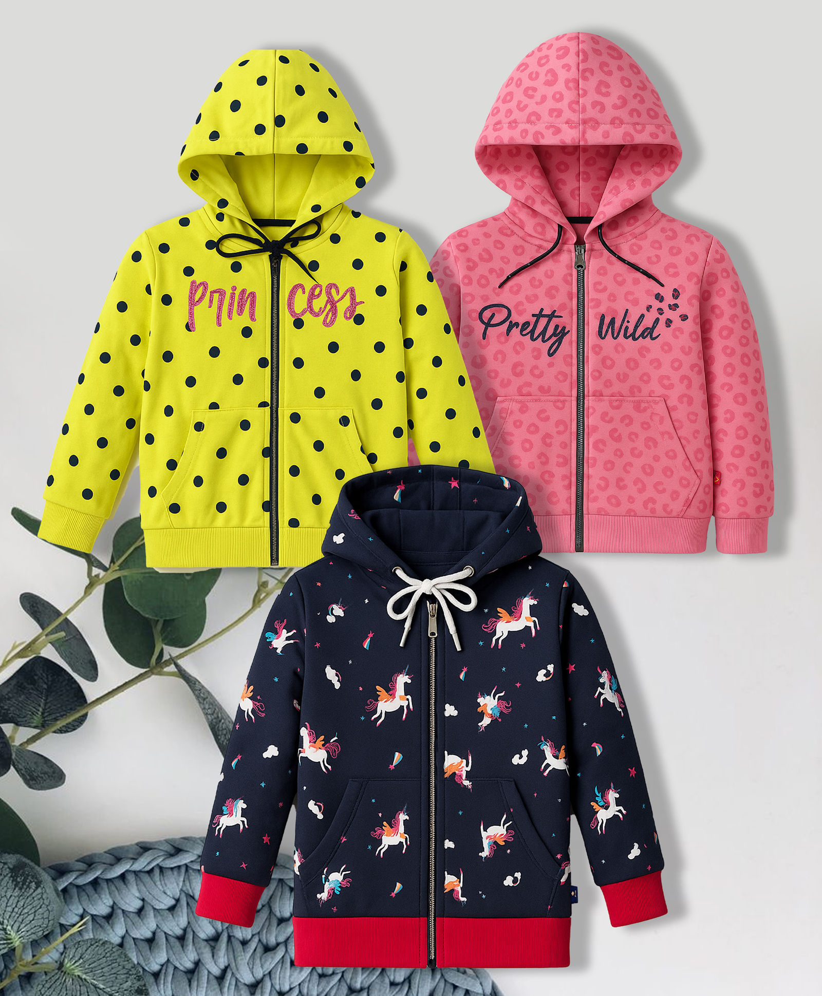 3PIN Cotton Knit Pack Of 3 Full Sleeves Polka Dots & Typography Printed Light Winter Hooded Sweatshirts - Multi Colour-picture-10
