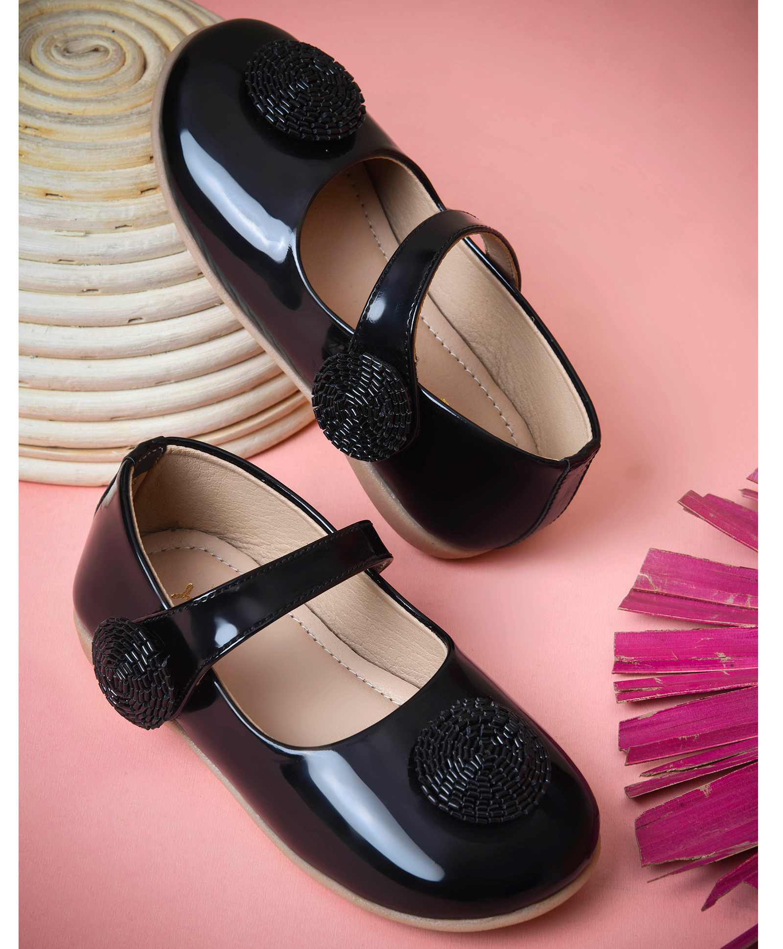 KATS Sequinned Floral Applique Detailed Velcro Closure Mary Jane Ballerinas - Black-picture-5