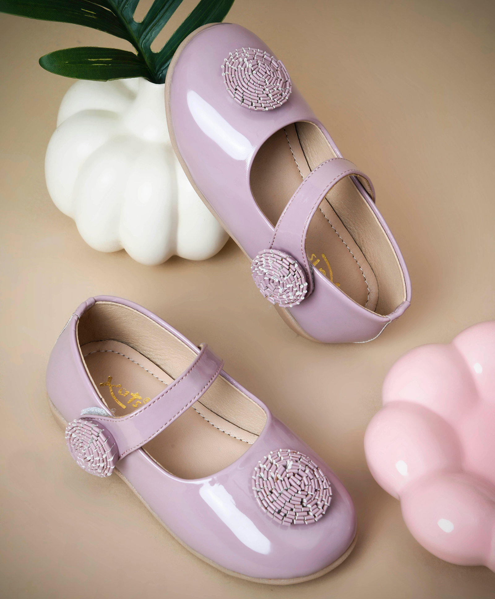 KATS Sequinned Floral Applique Detailed Velcro Closure Mary Jane Ballerinas - Purple-image-47