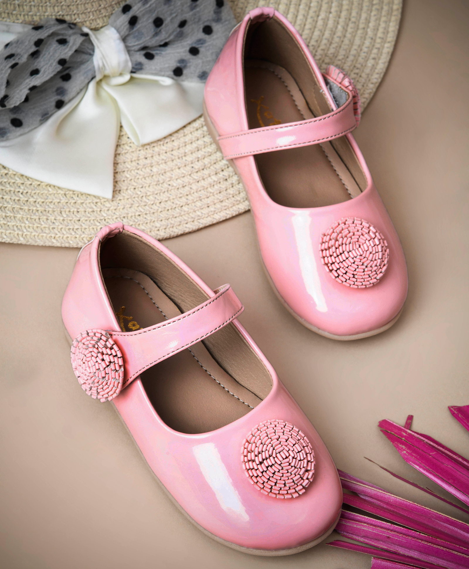 KATS Sequinned Floral Applique Detailed Velcro Closure Mary Jane Ballerinas - Pink-picture-36