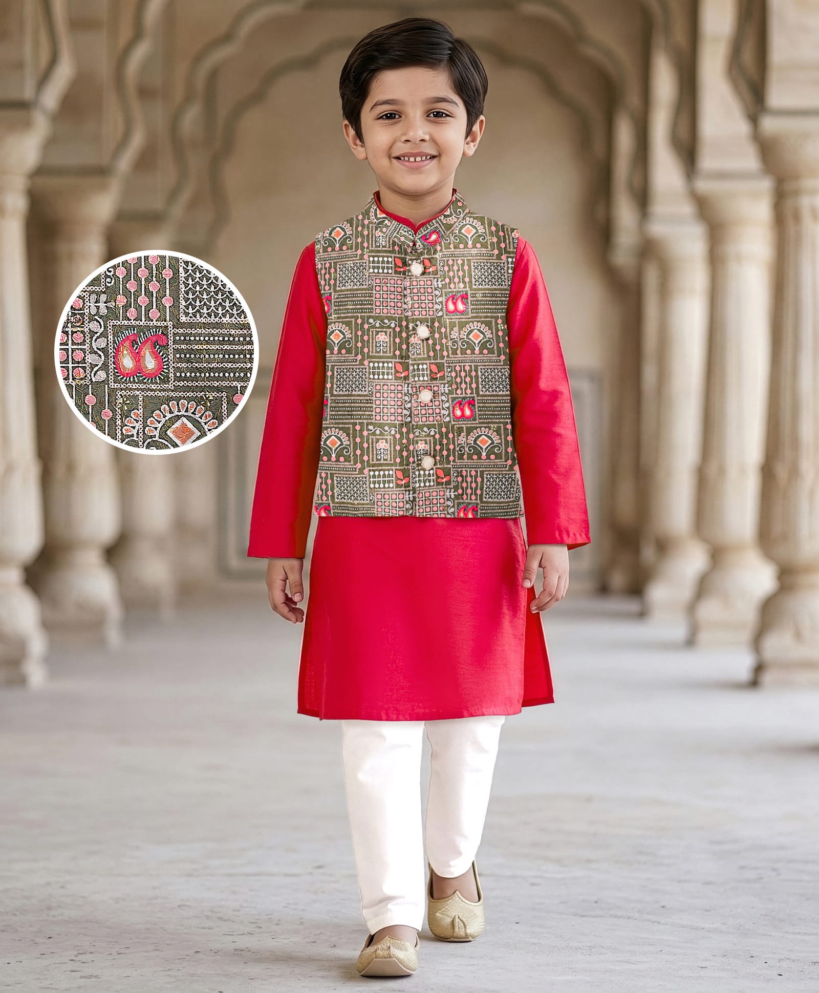 EARTHY TOUCH Cotton Woven Full Sleeves Kurta Pajama & Jacket Set With Floral Embroidery - Rust Orange-image-33