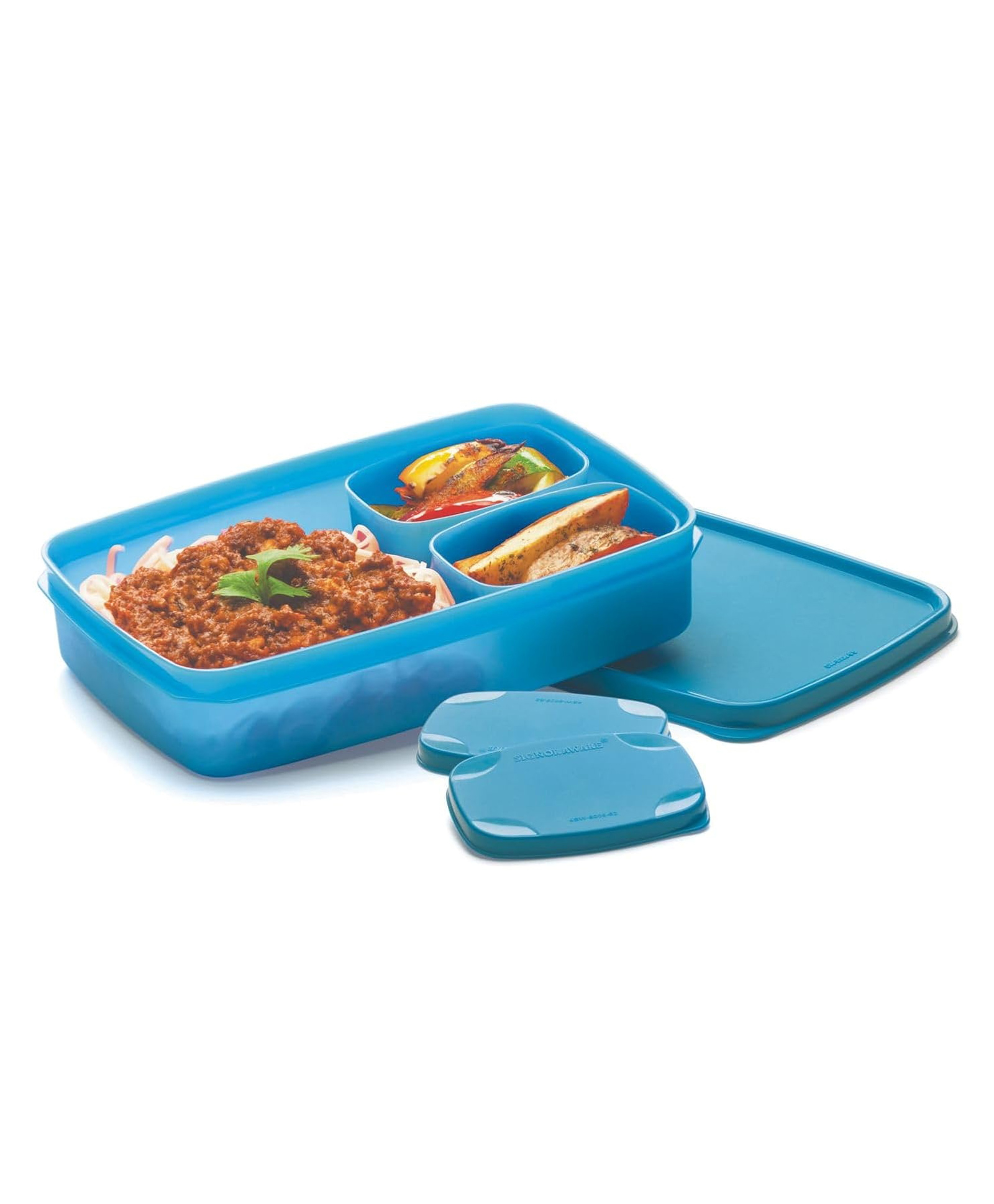 Signoraware Compact Bpa Free Plastic Microwave Safe Lunch Box, Food Grade Tiffin Boxes Set, Leak Proof Air Tight Dabba (Set of 3 1 x 850ml Container, 2 x 100ml Containers, Square, Blue)-image-45