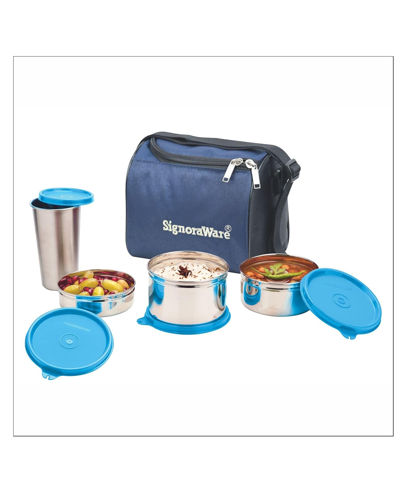 Signoraware Best Stainless-Steel Lunch Box Set 4 with Bag | Stainless-Steel Leak-Proof Containers | Full Meal Boxes (Container Size 350mlx1 | 500mlx1 | 200mlx1 & Glass Tumbler 370mlx1 | Colour Blue)-image-25