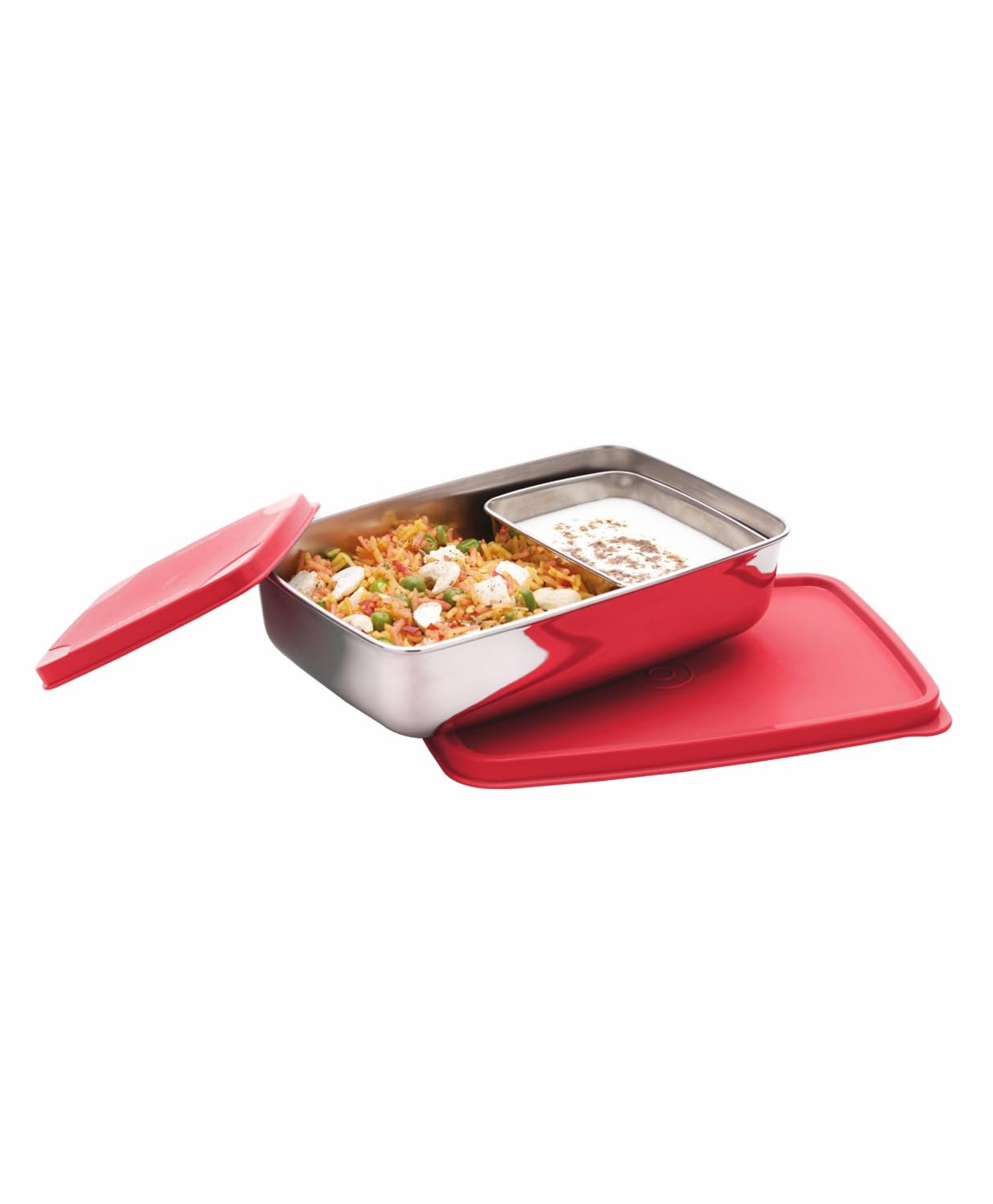 Signoraware Stainless Steel Compact Small Lunch Box | Airtight Lid Tiffin Box | Leakproof & Durable Tiffin Carrier | Ideal for Office, School & Travel | (150ml + 550ml Compartments | Set of 2 | Red)-picture-3