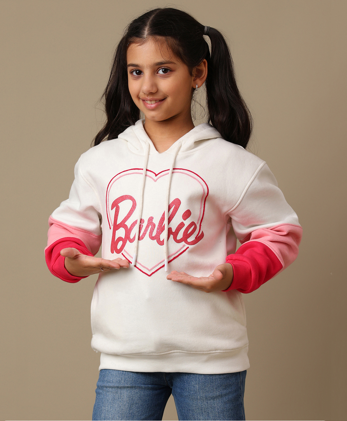 Kidsville Knit Mattel Featuring Full Sleeves Barbie Text Printed Hoodie - Beige & Pink-picture-25