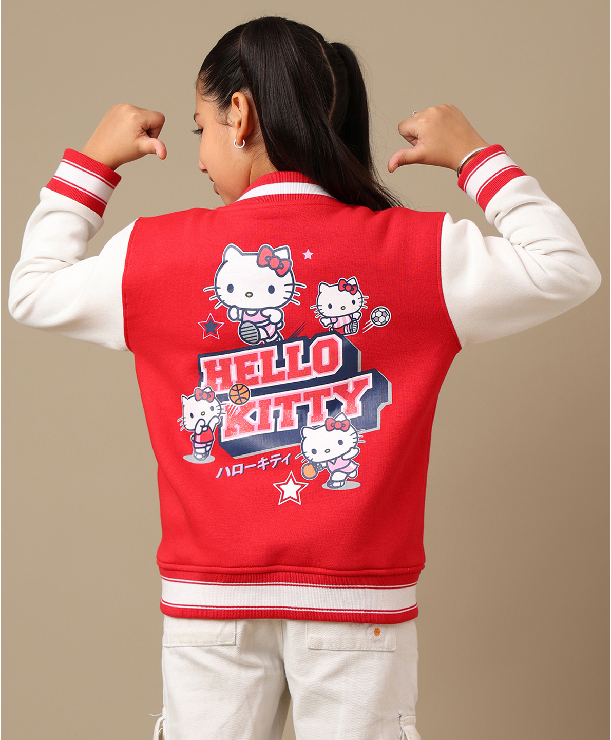 Kidsville Knit Hello Kitty Featuring Full Sleeves Character Printed Varsity Jacket - Red & Off White-image-17