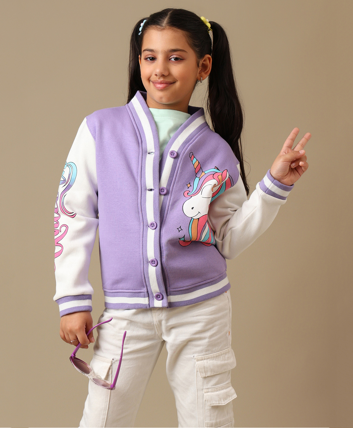 Kidsville Knit Full Sleeves Unicorn Printed Varsity Jacket - Purple & Off White-picture-20