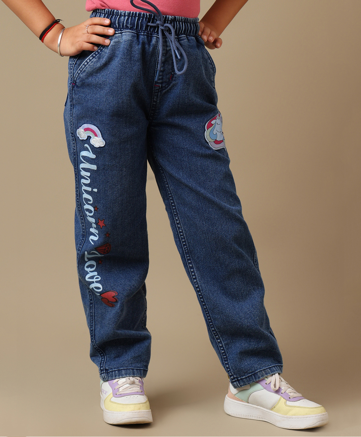 Kidsville Knit Unicorn Patch Detailed Mild Washed Joggers - Blue-image-4