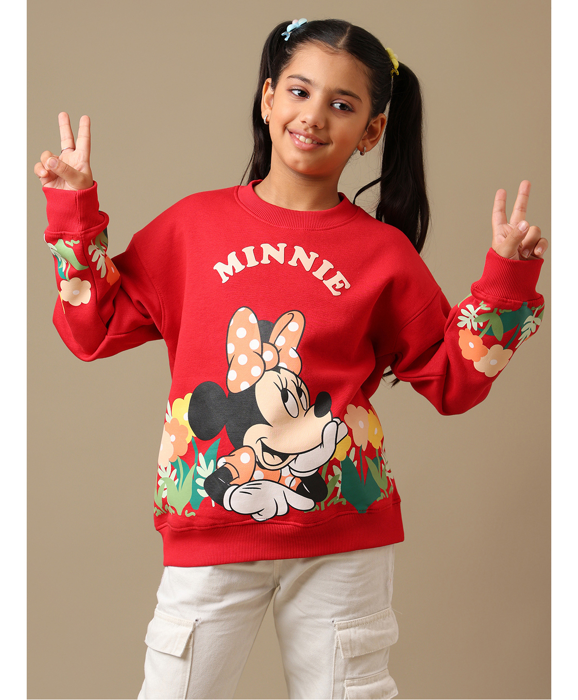 Kidsville Knit Mickey & Friends Featuring Full Sleeves Minnie Mouse Printed Winter Sweatshirt - Red-image-5
