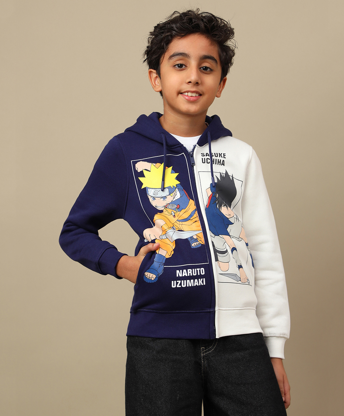Kidsville Knit Naruto Featuring Full Sleeves Characters Printed Winter Hoodie - Blue & Off White-picture-11
