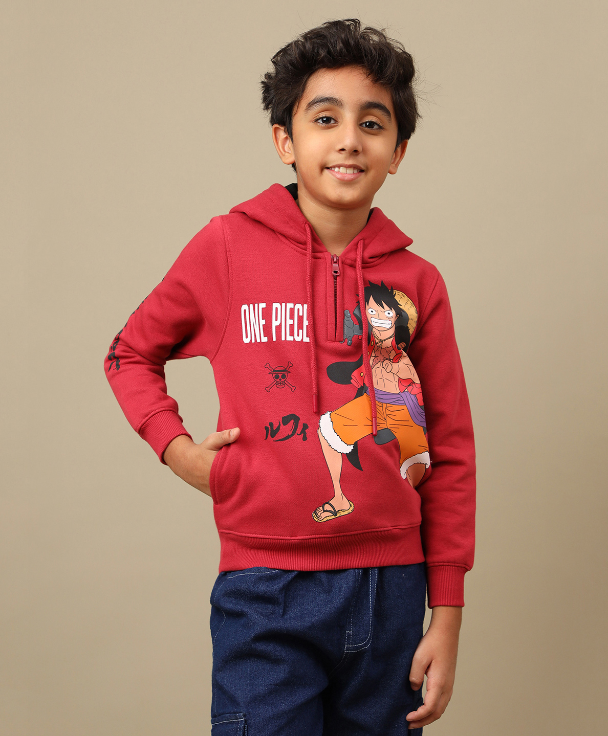 Kidsville Knit One Piece Featuring Full Sleeves Luffy Printed Winter Hoodie - Red-picture-32