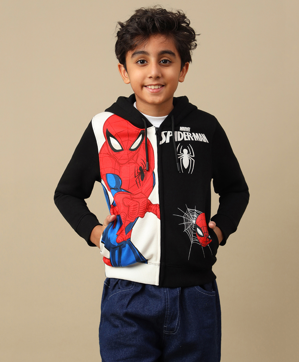 Kidsville Knit Marvel Featuring Full Sleeves Spiderman Printed Hoodie - Black & Off White-picture-17