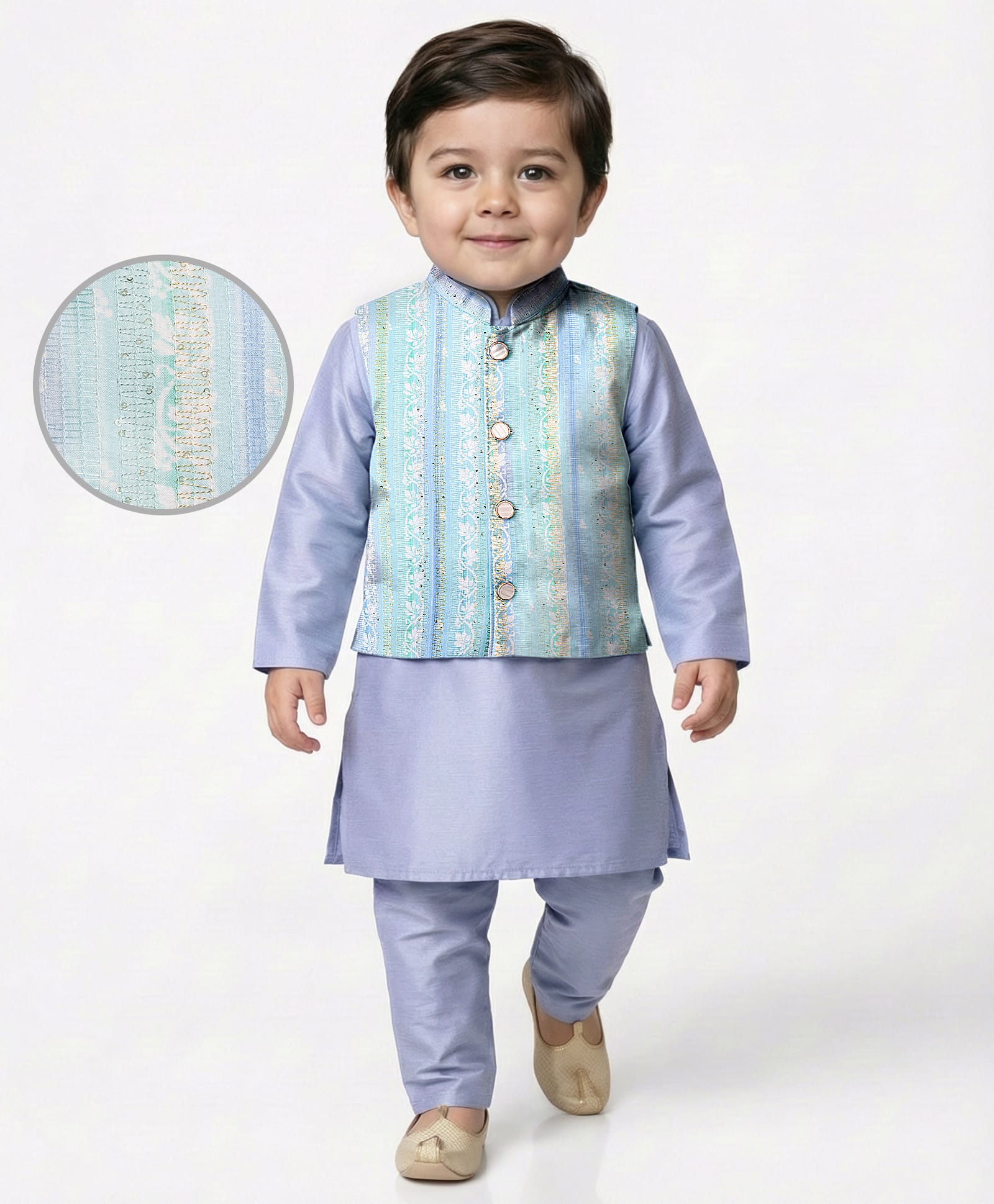 EARTHY TOUCH Cotton Woven Full Sleeves Kurta Pajama & Embroiderer Jacket Set - Blue-image-16
