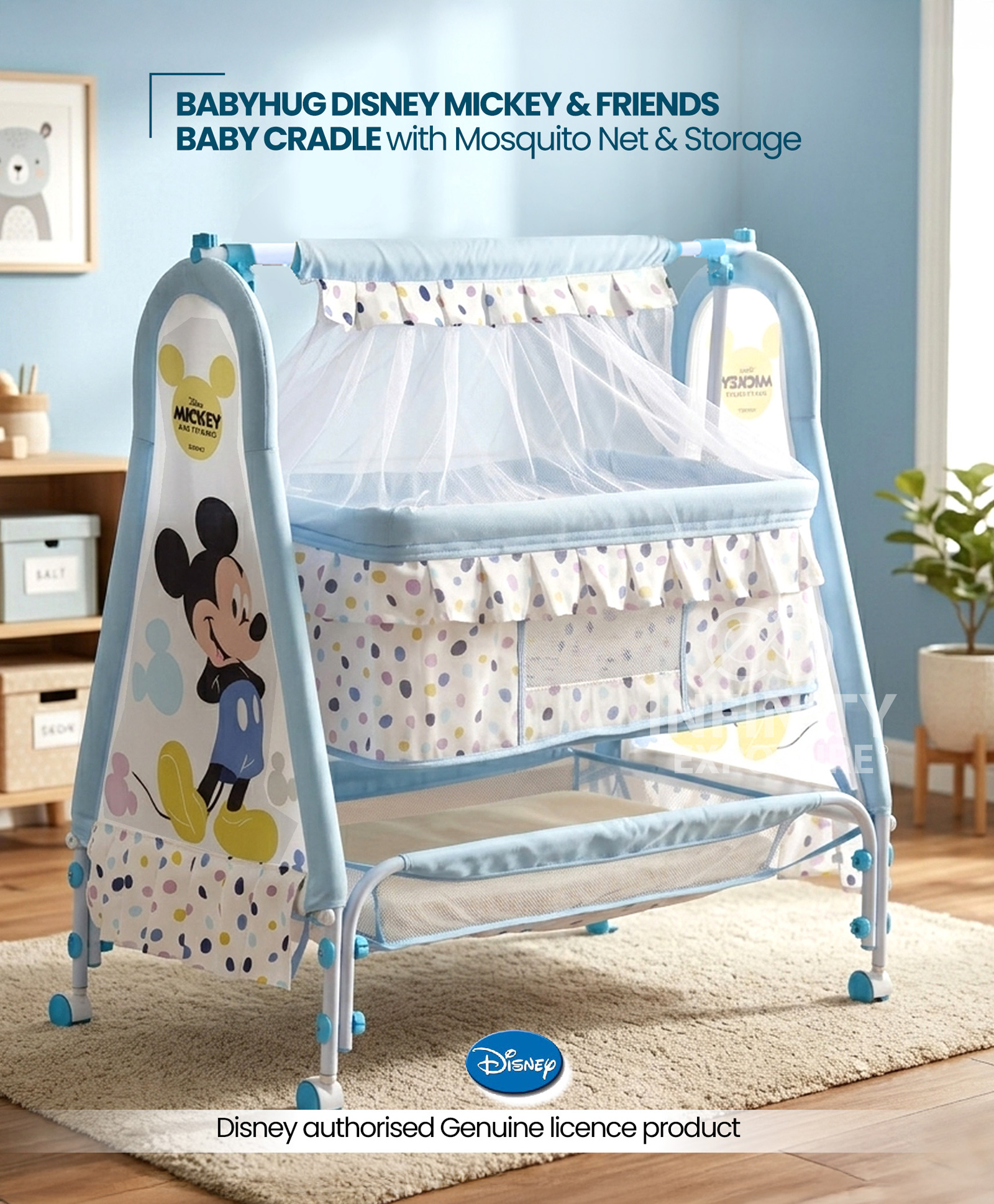 Babyhug Disney Mickey & Friends Baby Cradle with Mosquito Net & Storage Blue| Tool Free Easy Assemble| Swing Lock| Wheels with Lock| Side Mesh Window| Smootgh Noise Free Swing-image-28