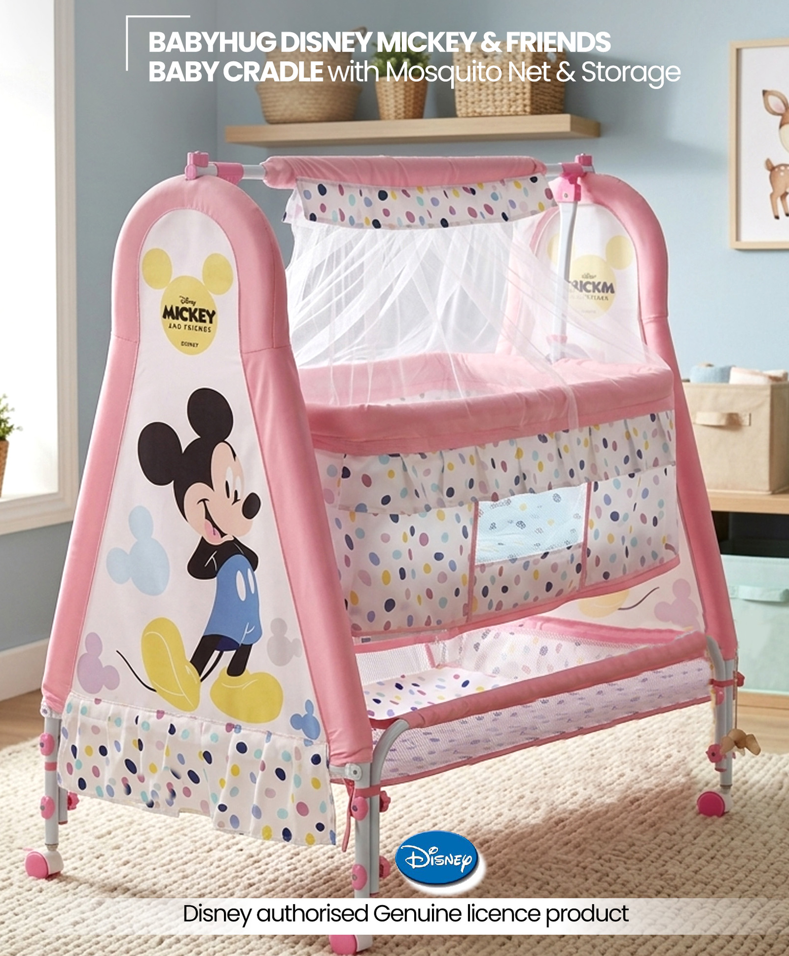 Babyhug Disney Mickey & Friends Baby Cradle with Mosquito Net & Storage Smooth Noise-free Swing| Wheels with Lock| Breathable Mesh Widow| Sturdy Frame| 024 Months| Tool Free Assembly - Pink-image-7