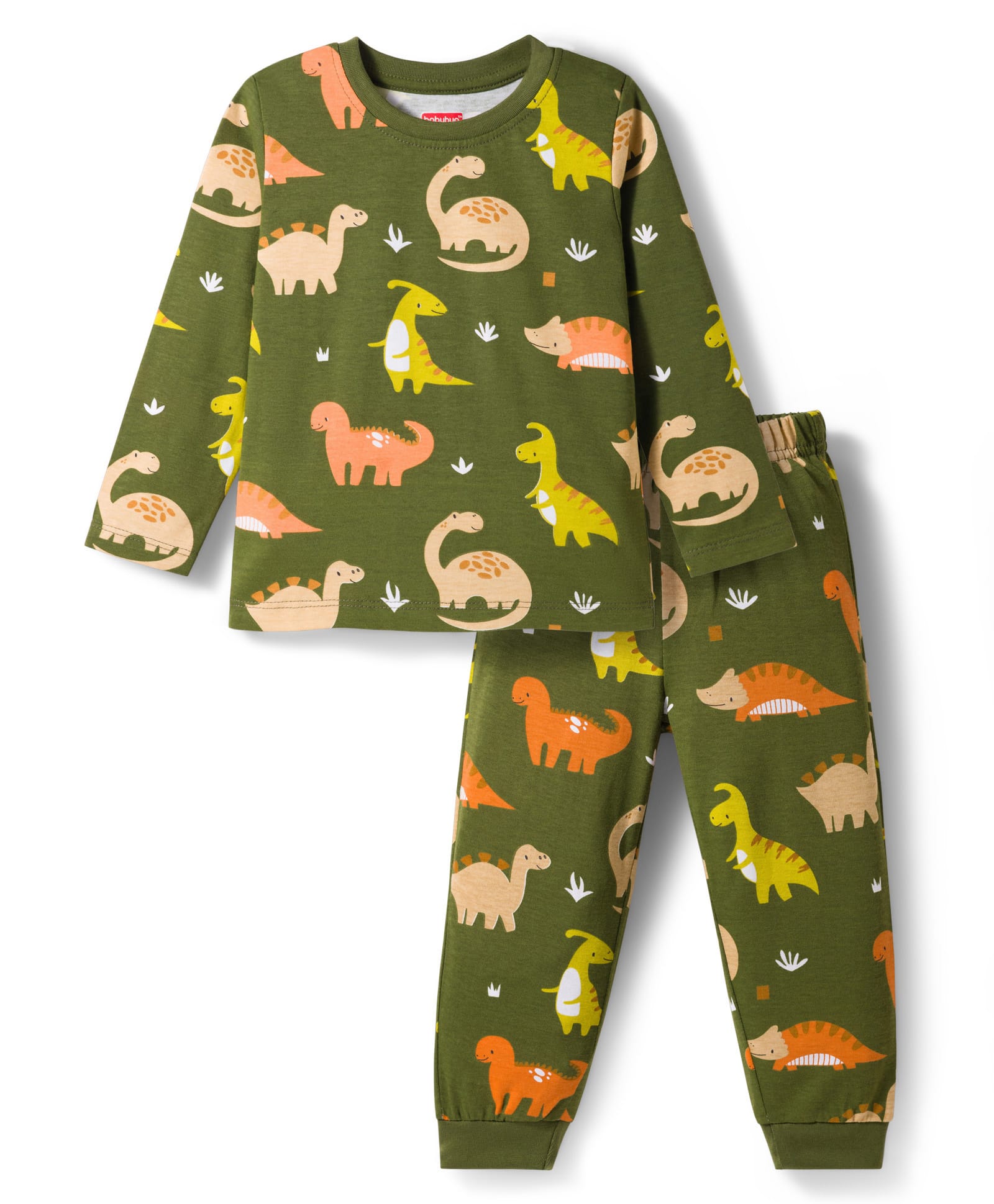 Babyhug Cotton Knit Full Sleeves Co-Ord Night Suit with Animal Print - Dark Green-image-18