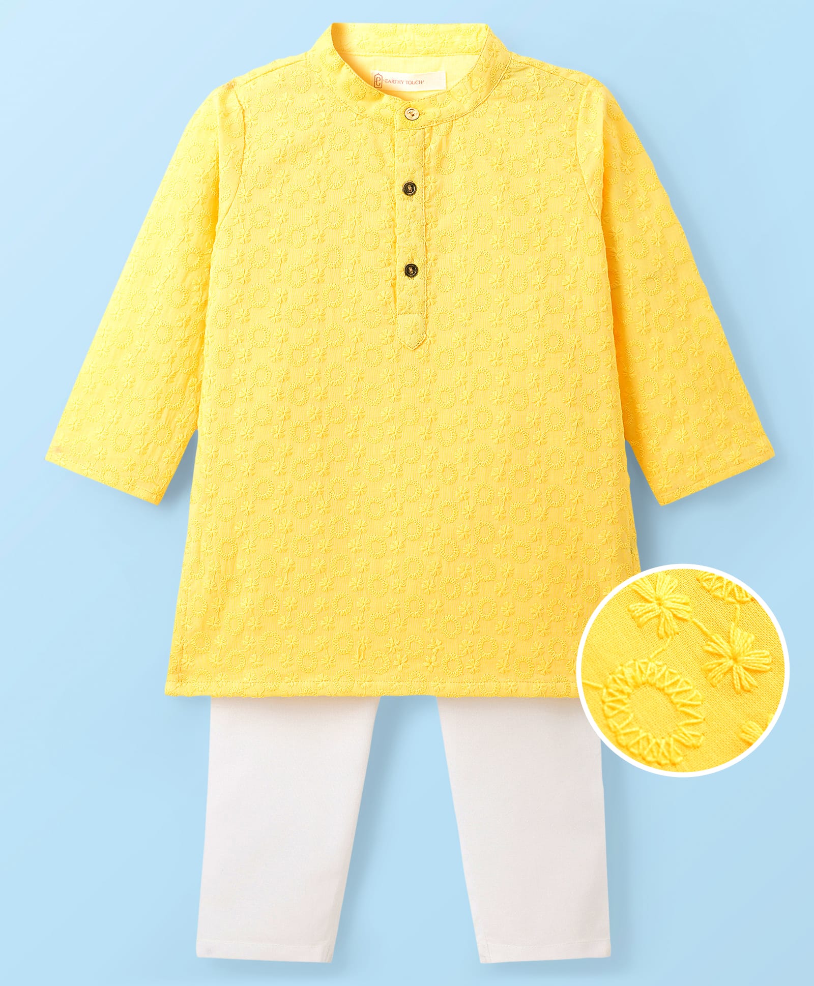 EARTHY TOUCH Schiffli Woven Full Sleeves Kurta Pyjama Set With Floral Embroidery - Lemon Yelllow-image-49
