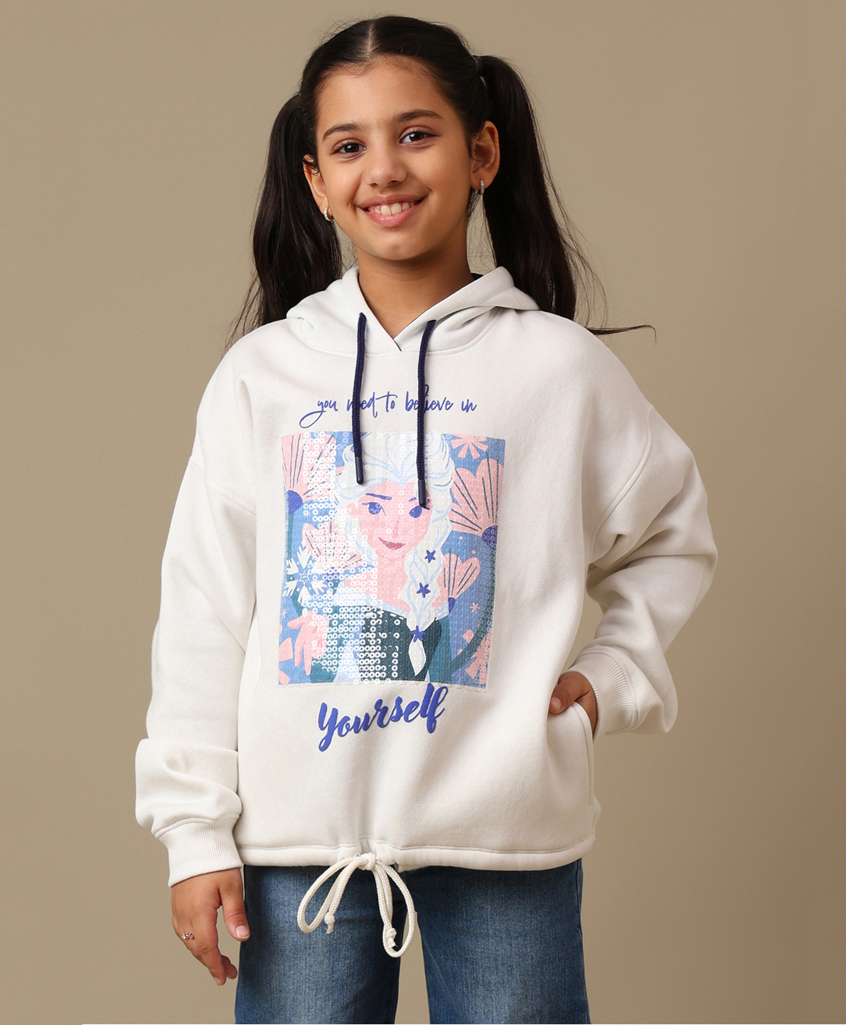Kidsville Knit Full Sleeves Disney Featuring Frozen Printed Hoodie - Off White-image-32