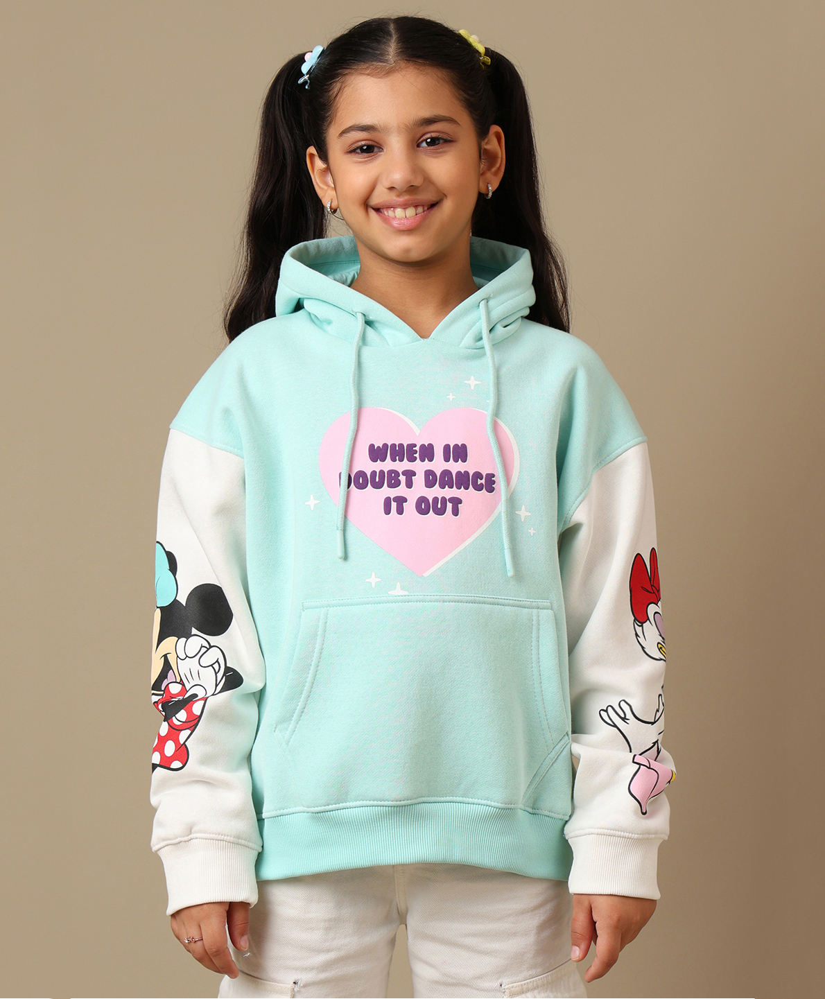 Kidsville Knit Disney Mickey & Friends Featuring Full Sleeves Characters Printed Light Winter Hoodie - Off White & Green-image-38