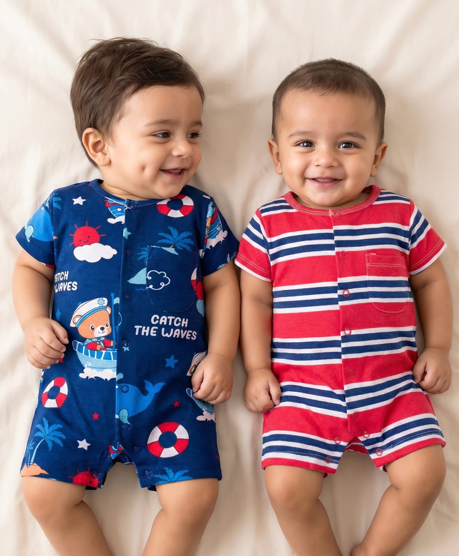 Babyhug 100% Cotton Interlock Knit Romper With Animal Print Pack Of 2 - Red & Blue-image-7