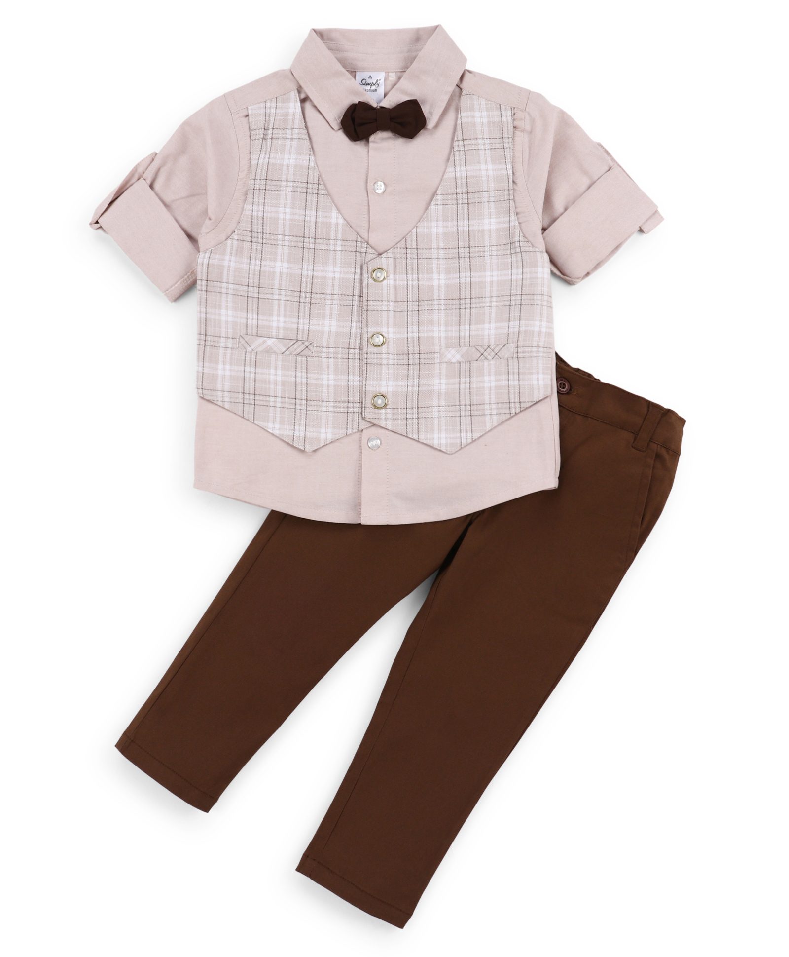Simply Premium Cotton Woven Full Sleeves Party Shirt & Pant Set with Bow Applique & Checks - Brown-picture-14
