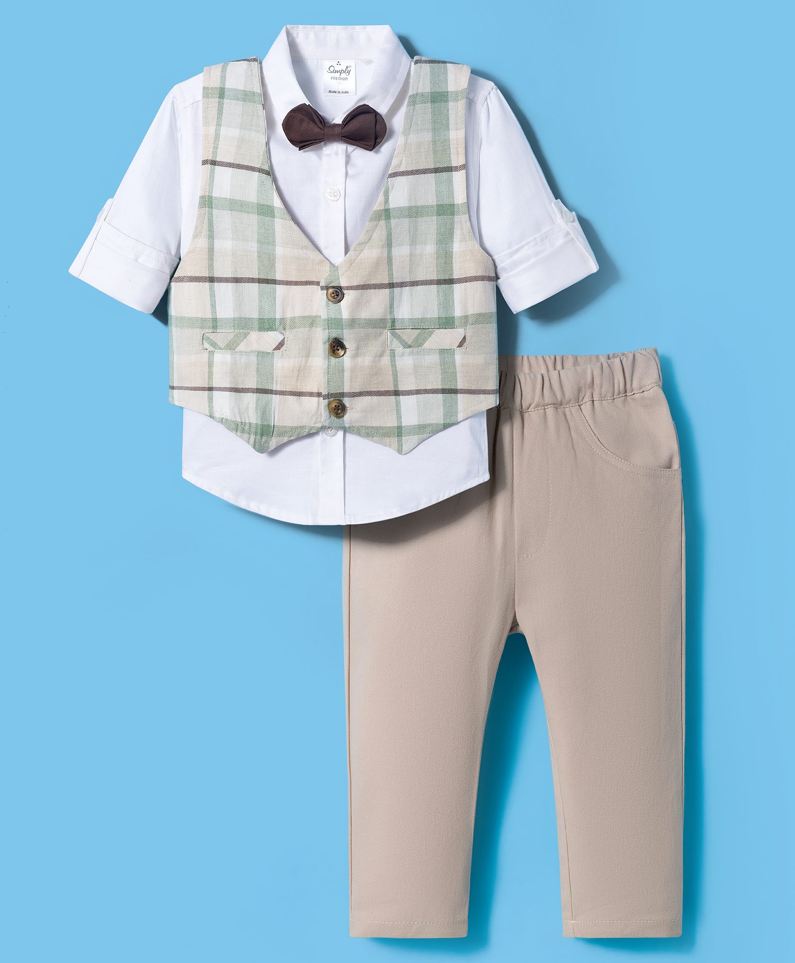 Simply Premium Cotton Woven Full Sleeves 3 Piece Party Suit with Bow & Checks - Multicolor-picture-4
