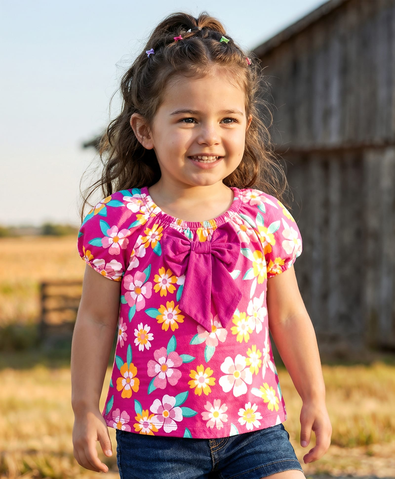 Babyhug Cotton Knit Half Puffed Sleeves Top with Floral Print & Bow Applique - Dark Pink