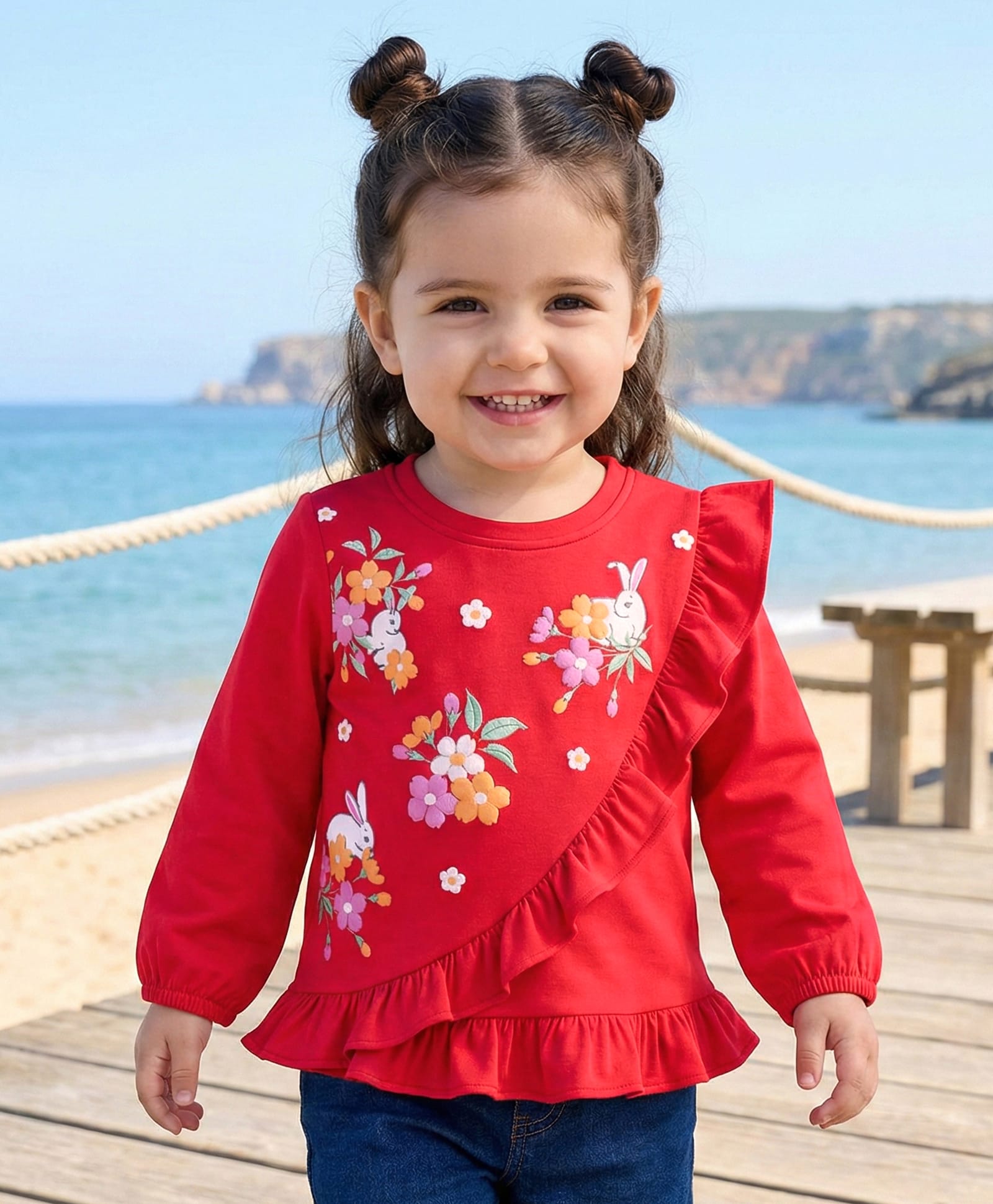 Babyhug Cotton Knit Full Sleeves Top with Floral & Animal Print & Frill Detailing - Red-image-29