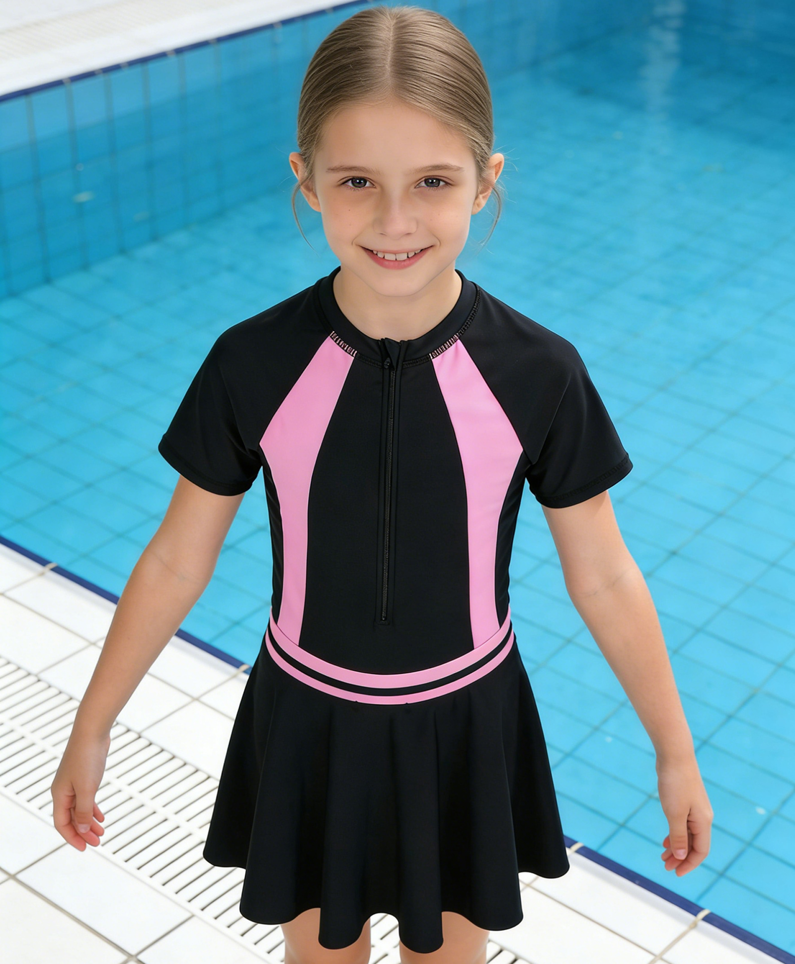 Mark & Mia Half Sleeves Cut & Sew Solid Color Legged Swimsuit & Skirt - Black-image-24